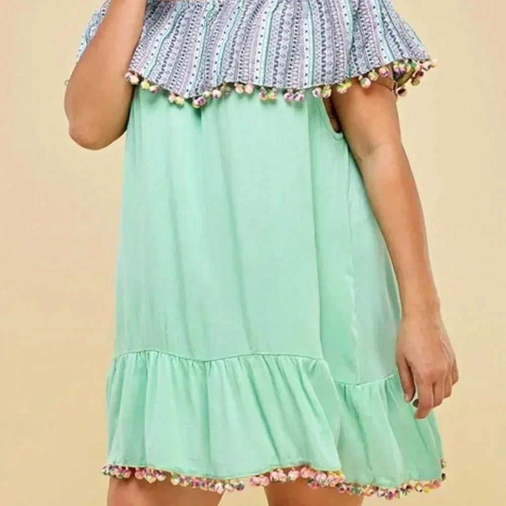 🆕Velzera Geometric-Contrast Tassels Off-Shoulder Dress S🆕